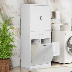 Bathroom Storage Cabinet with Two Laundry Baskets, Storage Cabinet with Doors and Drawer for Home, White