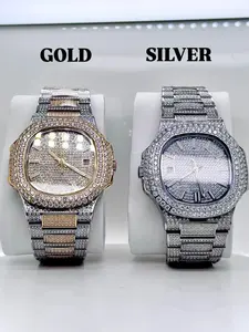 Men's Luxury Analog Display Moissanite Watch - Bold Diamond-Embellished Bezel, Iced-Out Dial & Band, Elegant Party-Ready Design - Daily Wear Option, Gold & Silver Colors