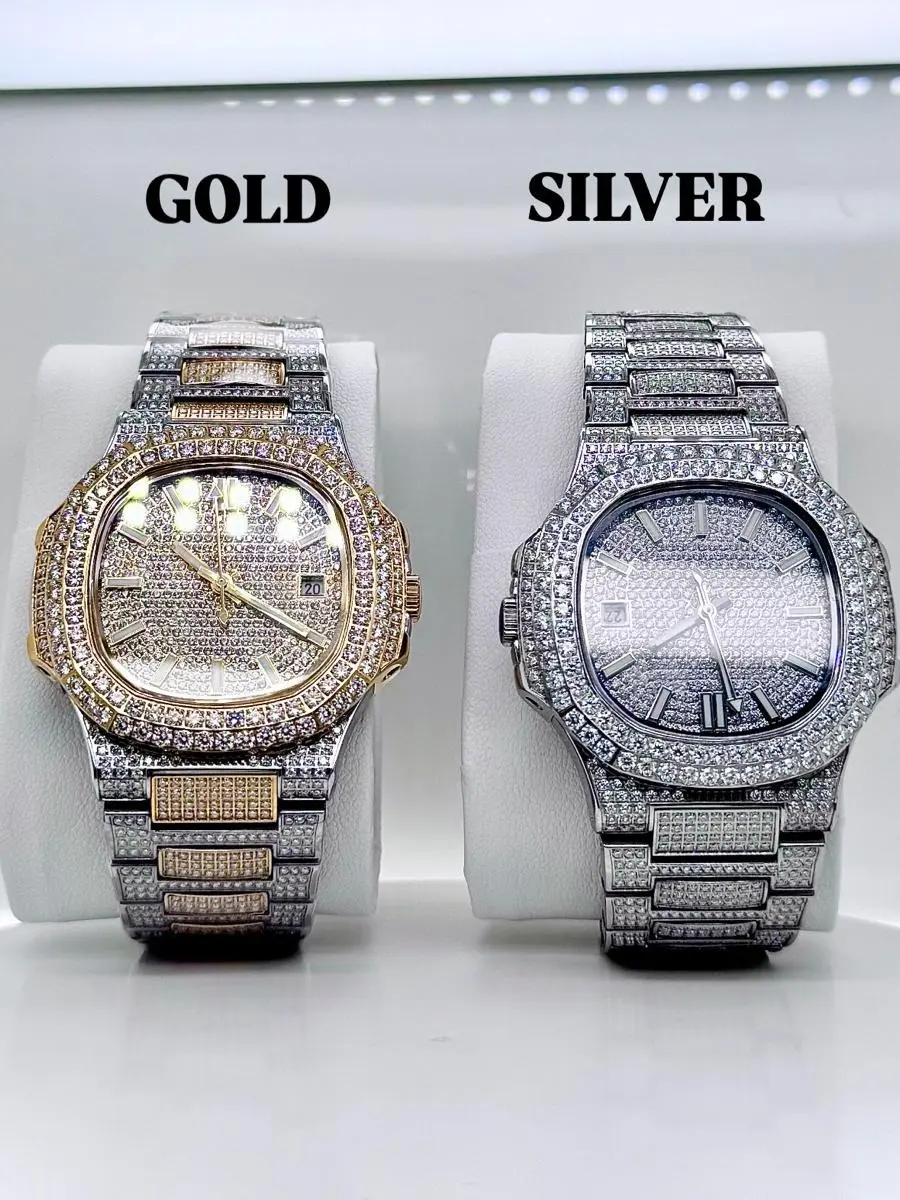 Men's Iced-Out Moissanite Watch - Gold or Silver Luxury Analog Wristwatch with Paved Oval Dial, Bold Diamond-Embellished Bezel, Waterproof Party-Ready Bold Look Fashion Accessory