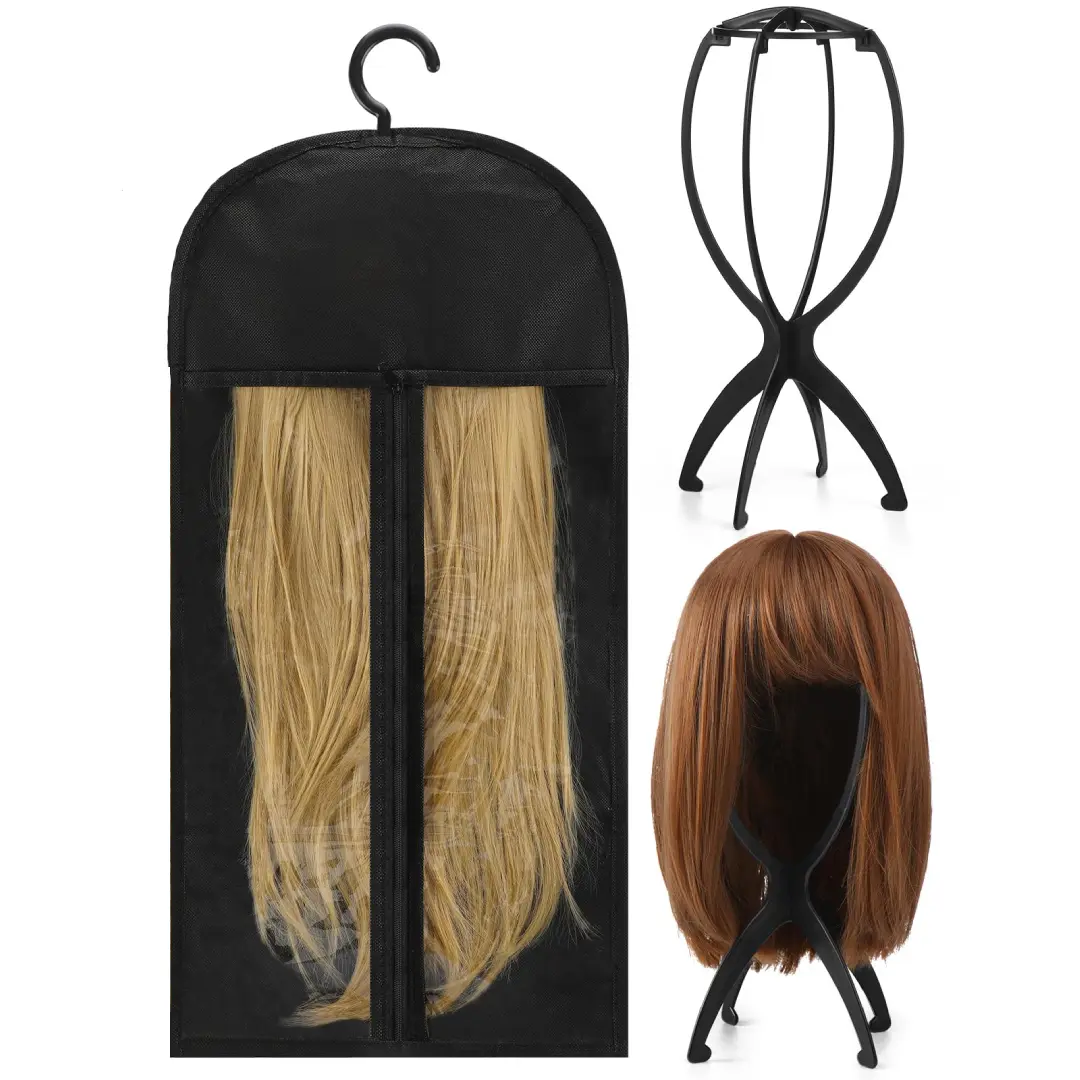1 Pcs Wig Storage Bags with 2 Pack Wig Head Stand, Travel Wigs Holder Hat Display Wig Set for Home Salon Use, Black