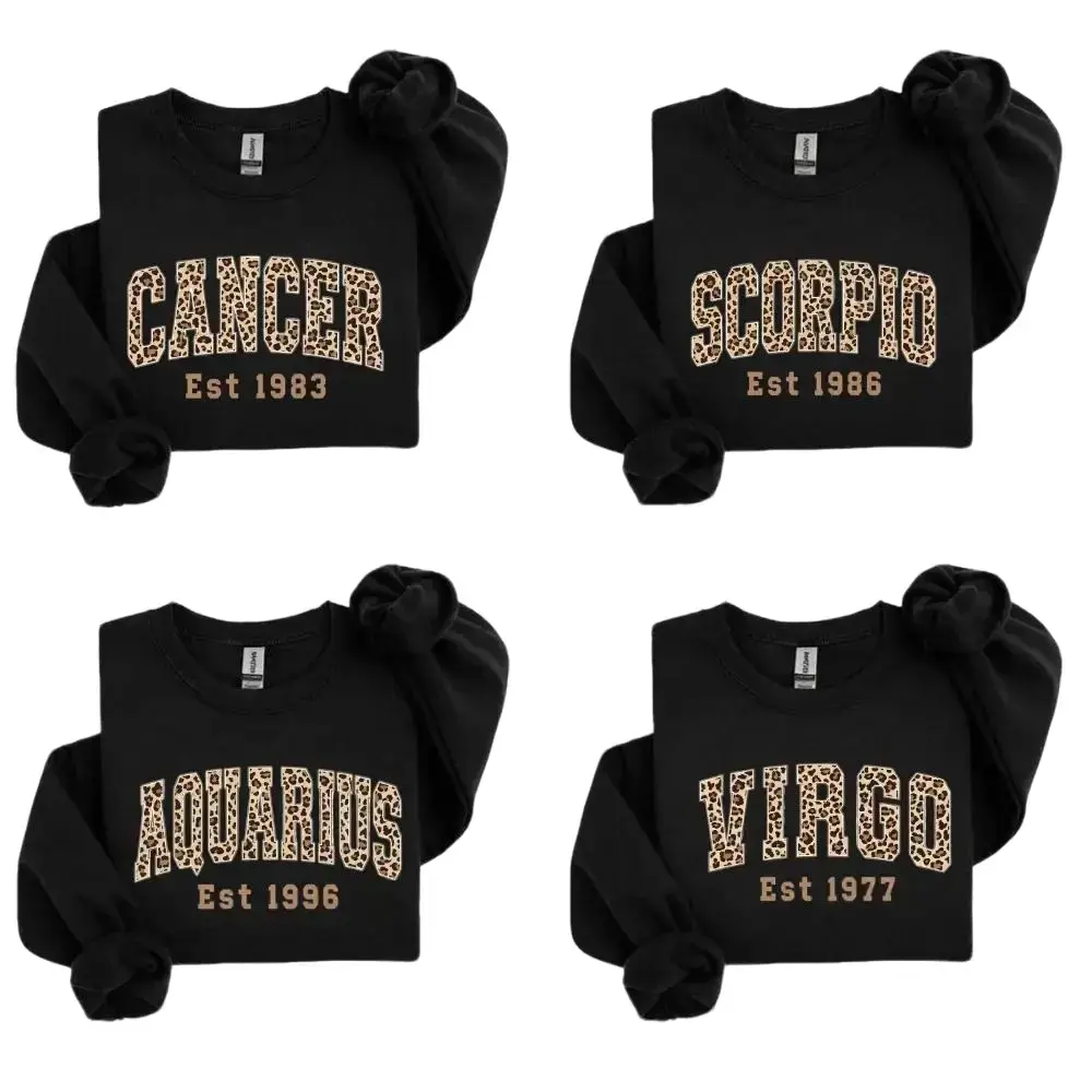 Women's Unisex Pullover Leopard Zodiac Sweatshirt - Custom with Est Birth Year, Black Astrology Star Sign Gift, Personalized Energy Gift for Birthday (Leave Note/DM Philip82 Store)