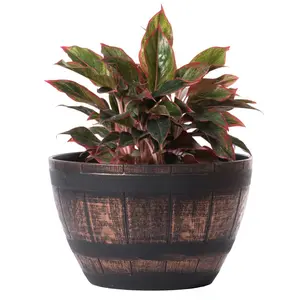 212 MAIN Medium Round Shape Weatherproof Rustic Outdoor Half Barrel Flower Garden Planter Bowl, Brown Plastic, 9.75x16x16 in, QI004113.M, Garden Decor, Outdoor Garden Accessories