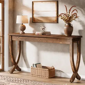 Tribewood 63-Inch Solid Wood Console Table For Living Room Or Hallway - Farmhouse Style, Brown
