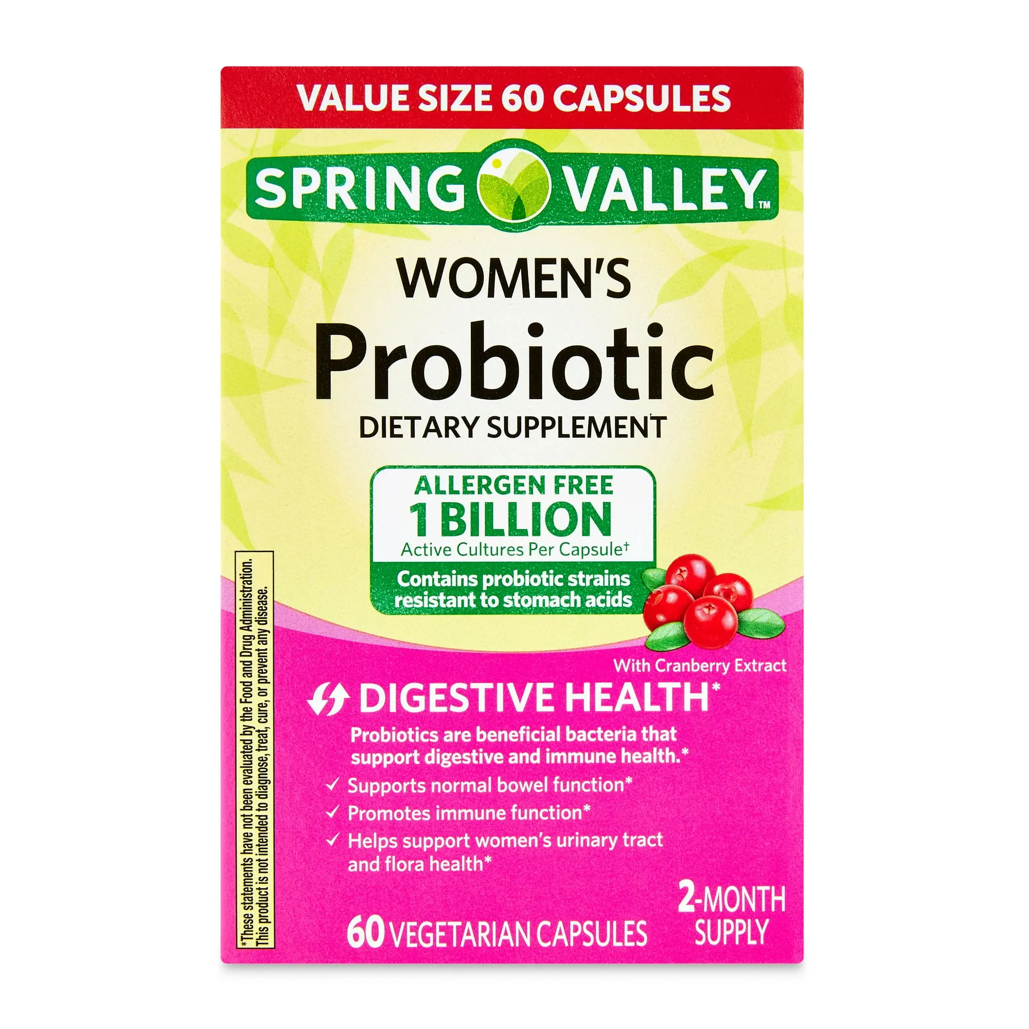 Spring Valley Women's Probiotic Supplement - Cranberry, 60 Vegetarian Capsules for Digestive Health, 60-Day Supply, Peanut Free, Unflavored - Vitamin