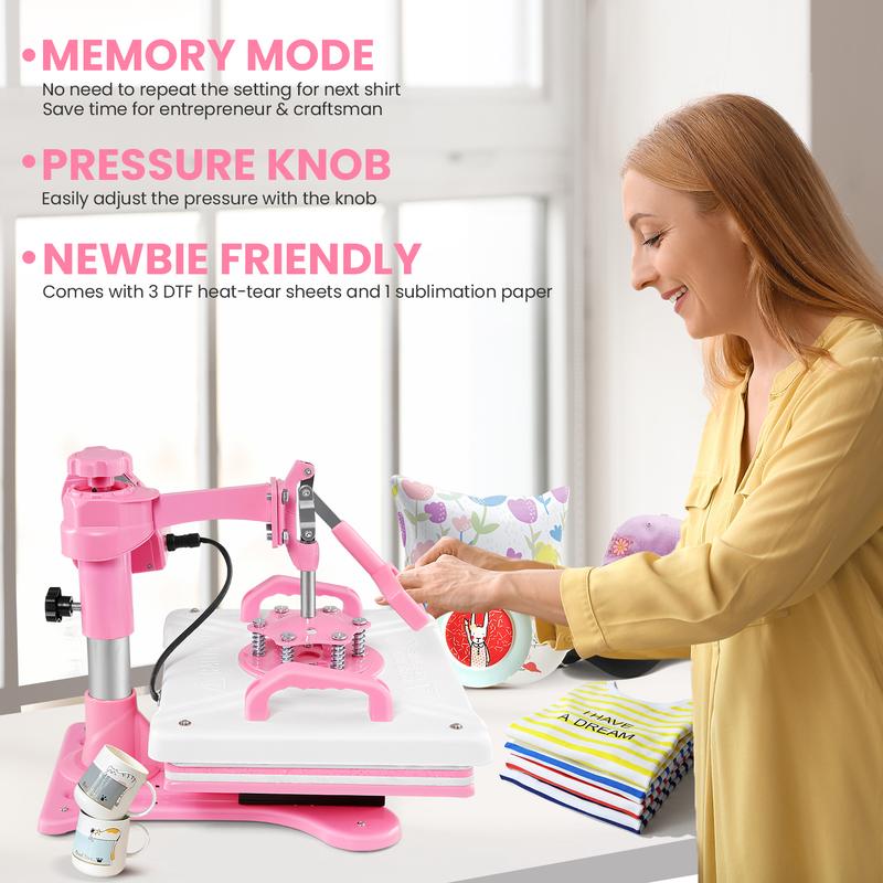 AKEYDIY Pink 15''x12'' Heat Press Machine for Tshirts, 5 in 1 Heat Transfer Machine, Heat Printing Press for Sublimation Combo with 360° Swing Away for Hat Cap Mug Plate, Beginner-friendly, Christmas Gifts Design Handicraft,TikTokShopBacktoSchool