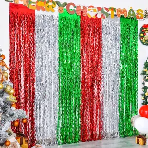 3 Pack Christmas Foil Fringe Curtains Party Decoration 3.3X6.6 ft Red Silver Green Wavy Tinsel Fringe Photo Backdrop Streamer for New Year, Sweater Party