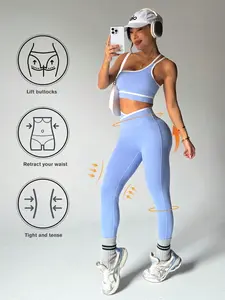 Women's High Elasticity Yoga Suit Set, Contrast Color Shoulder Design, Tight-Fitting Fitness Wear, Quick-Dry Running Training Two-Piece, Yoga Activewear