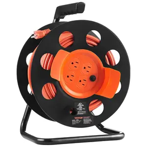 VEVOR 100FT Retractable Extension Cord Reel, with 4 Outlets and Dust Cover, Heavy Duty 12AWG SJTOW Power Cord, Portable Handle and Safety Overload Circuit Breaker, for Outdoor Indoor Toolshed Garage
