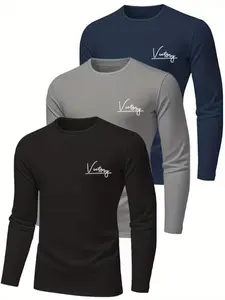 Men's 3-Piece Printed Long Sleeve T-Shirt Set, Casual Loose Fit, Round Neck, Soft Fabric, Durable Stitching, Fall Wardrobe Essential
