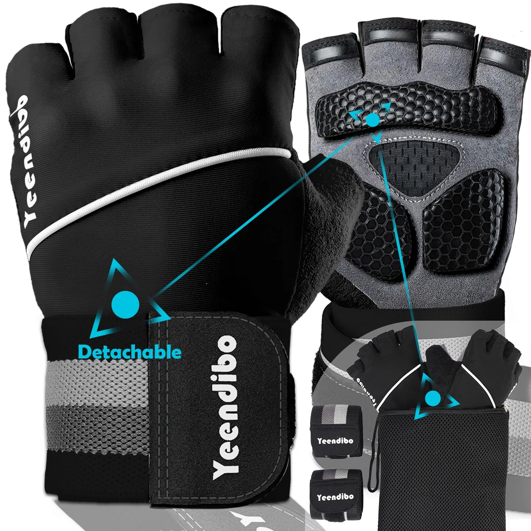 Yeendibo 5-in-1 Workout Gloves for Men & Women with Excellent Grip Full Protection Exercise Weight Lifting Gym Gloves Detachable Wrist Strap & Mesh Bag