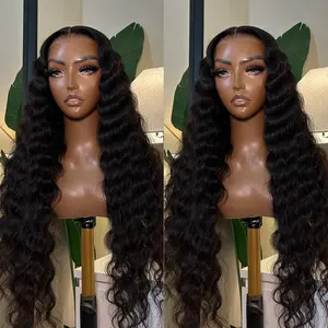 Deep Wave Black Lace Front Wigs Black Deep Wave Curly Glueless Wigs 180 Density Pre Plucked Synthetic Wigs Middle Part Free Part Heat Resistant Fiber Hair Synthetic Lace Front Wigs For Women Daily, Party, Cosplay Use 28 Inch