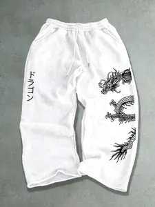 Men's Japanese Dragon Graphic Baggy Sweatpants, Streetwear Wide Leg Joggers, Harajuku Style Casual Drawstring Pants, Casual Athletic Jogging, Athleisure Casual Bottoms #DragonStreetwear #HarajukuFashion #WideLegPants #JapaneseStyle #TikTokMadeMeBuyIt