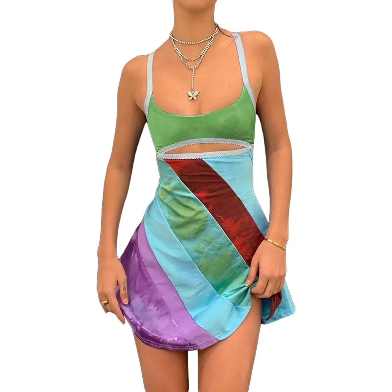 Y2K Dress for Women Summer Sleeveless Rainbow Bodycon Retro Going Out Dress 2000s 70s Halloween Costume