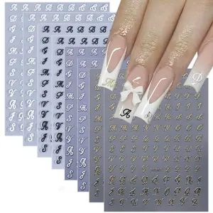8 Sheets Retro English Letters Nail Stickers for Nail Art 3D Self-Adhesive Black White Gold Silver Design Nail Decals Personalized Letter Nail Art Stickers for Women DIY Manicure Tip
