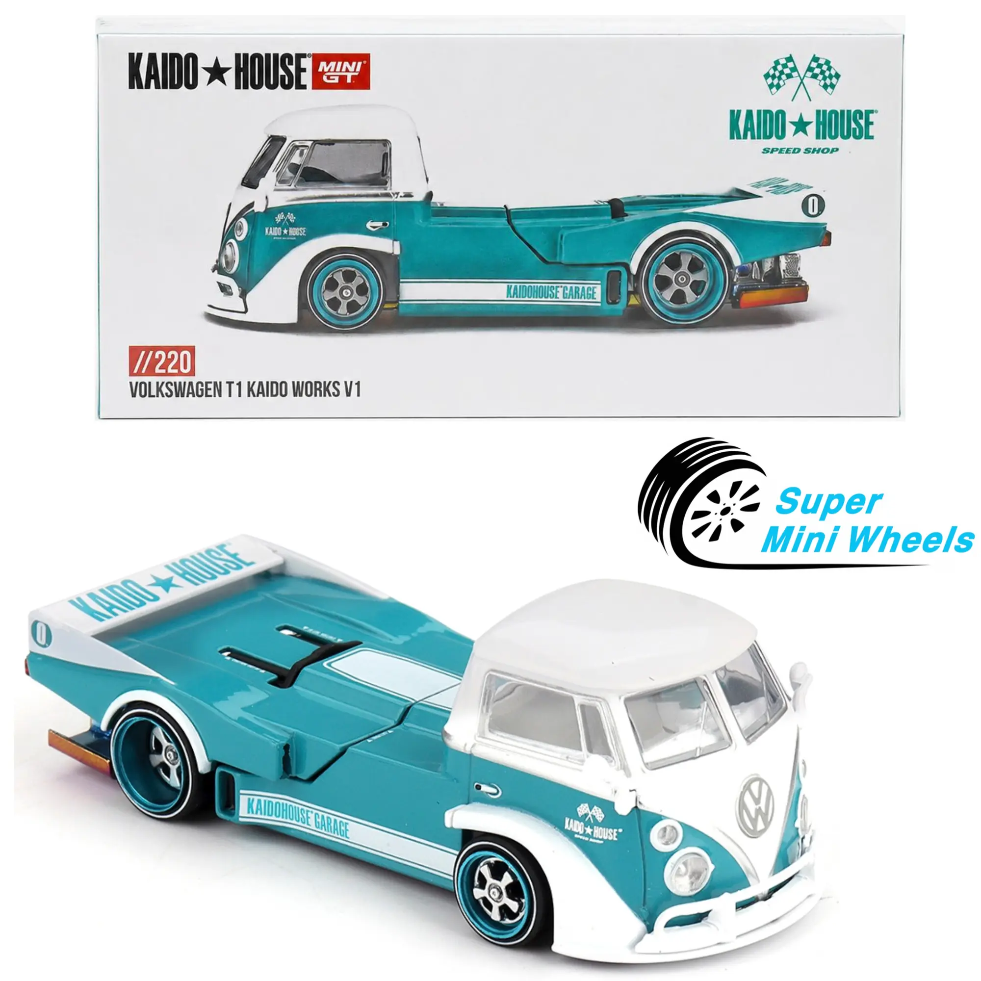 Kaido House x Mini GT 1:64 Volkswagen T1 KAIDO WORKS V1 – Turquoise/White #220