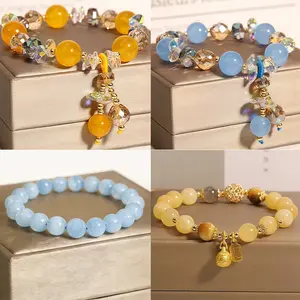 4 Packs Handmade Aquamarine Crystal Bracelets for Women for Girls, Orange Gemstone Hand Jewelry, Pink Diamond Mystery Charm Bracelet, Showing Elegant Temperament, Attracting Love and Good Luck Birthday Holiday Anniversary Mother's Day Gifts springtok