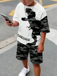 Boys' Summer Camouflage Dinosaur Print Short Sleeve Set, Stylish Streetwear Two-Piece, Casual Fitted Suit for Kids