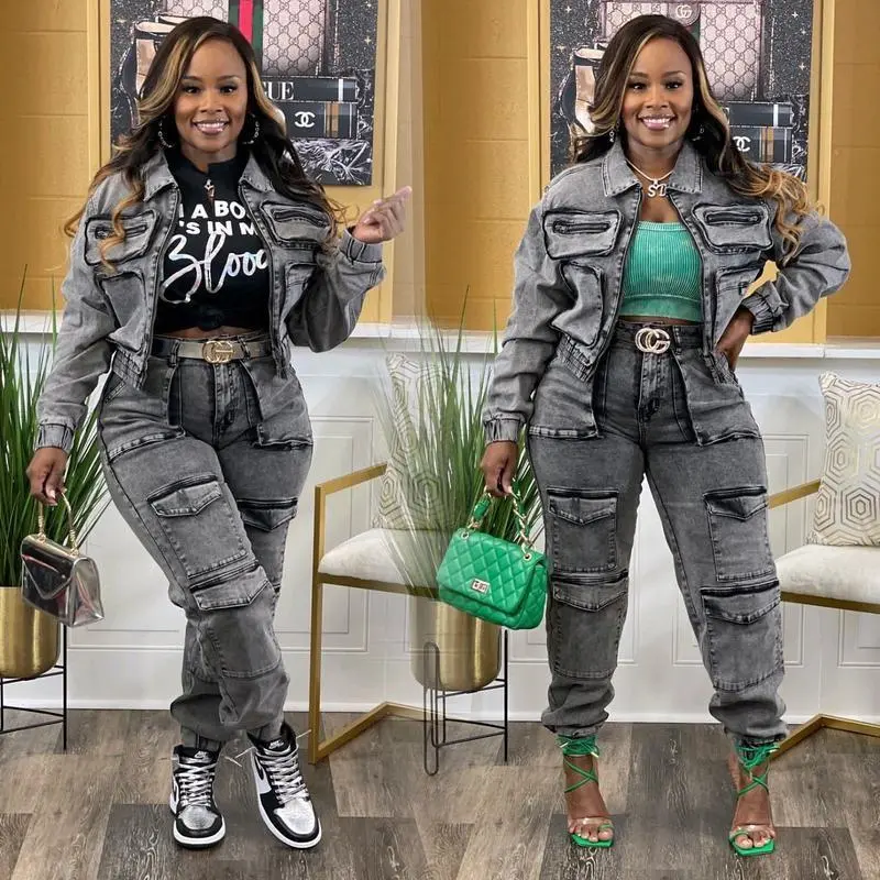 Trendy 2026 Two-Piece Women's Fashion Sexy High Elastic Multi-Pocket Washed Denim Casual Set Clothing Womenswear Suits, Chic, Everyday, Weekend Wear, Soft Touch, Party Ready, Daily Grind, Casual Day, Going Out