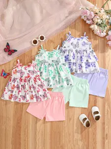 6-Piece Baby Girl Tank Top Shorts Set, Multi-Color Butterfly Flower Pattern, Summer Daily Wear, Perfect for Outdoor Play, Summer Gift Set, Clothes Set, Outfit