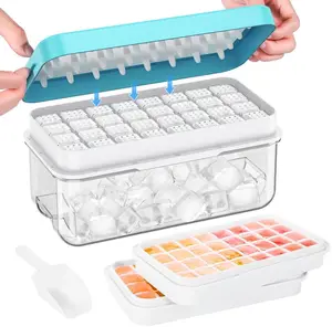 Ice Cube Tray with Lid and Bin, 64 pcs Ice Trays for Freezer, Ice Cube Trays for Freezer with 2 trays, Container, Lid & Ice Scoop, BPA Free Utensils Cover Silicone Set