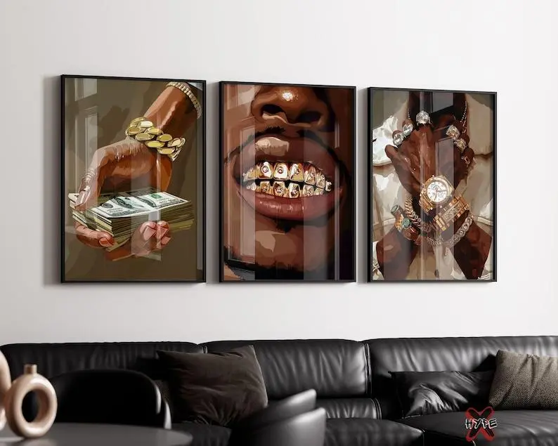 Black Man Art Prints Set Of 3, Printable Grillz Black Art Print, Gold Teeth Poster, Product without frame