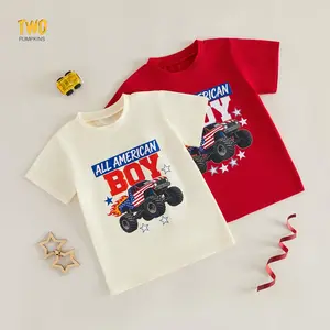 Boys Fourth Of July T-shirts Short Sleeve Round Neck Truck Flag Print Tops For Toddlers 1-6 Years