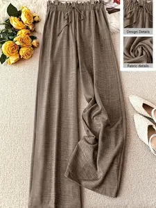 Plus Size Solid Color Wide-Leg Pants Casual Loose Fit Trousers, Y2K Clothes Summer Daily Wear, Trendy Bohemian Bottoms, Comfortable Relaxed Fit Casual Trousers, Stylish Detail Party Casual Pants, Women Vibe Chic（Fake Drawstring）