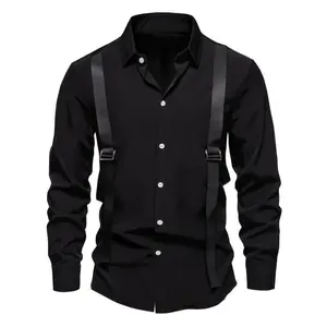 [Polyester Long Sleeve Shirt] Machine Washable Polyester Men's Black Long Sleeve Shirt - Adjustable Suspenders, Casual Party Wear Nightclubs & Events number