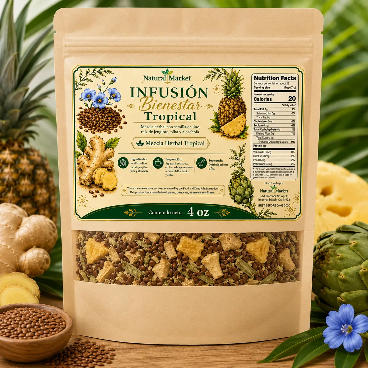 Tropical Herbal Tea Herbal Blend with Flaxseed, Pineapple, Ginger & Artichoke | Natural Herbal Infusion | 4 oz-Disfruta nuestra Infusión Tropical ingredientes de origen natural como semilla de lino, piña, raíz de jengibre y alcachofa.