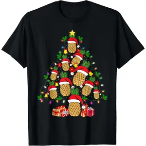 Pineapple Christmas Tree Light Pineapple Fruit Lover Xmas T-Shirt, 100% Cotton, Single Side Printed, Black Short Sleeve T-shirt, 1 pc, Christmas Halloween Thanksgiving Gift