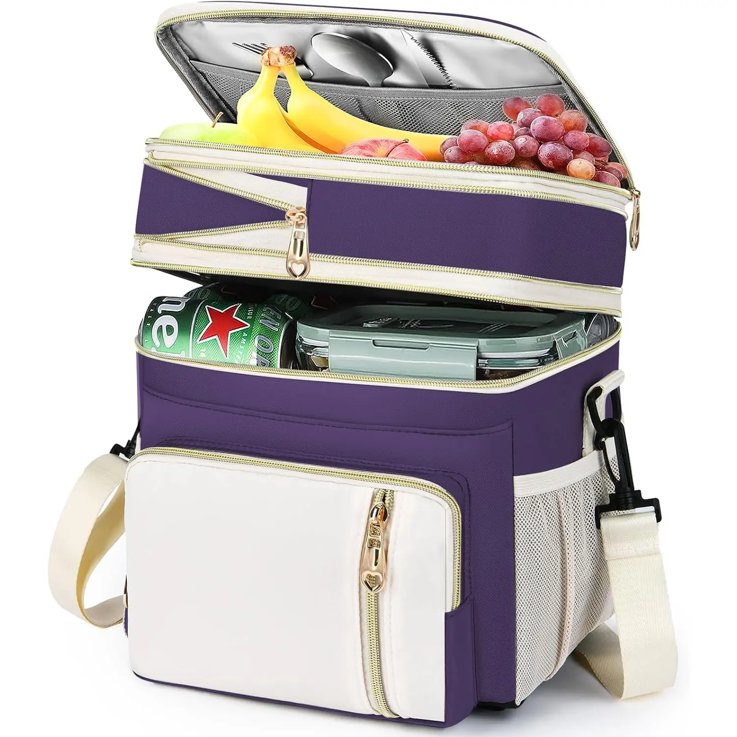 Lunch Box for Women-Insulated Lunch Bag for women  -Expandable Double Cooler Bag-Reusable Adult Lunchbox with Adjustable Shoulder Strap (Purple, Coins, Keys, Cutlery, Cell Phone