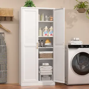 71 Inch Farmhouse Metal Pantry Cabinet, Tall Storage Cabinet with Doors and Adjustable Shelves for Kitchen/Dining/Living Room, Tall Freestanding Storage Cabinet for Garage/Laundry Room/Bathroom, White/Black