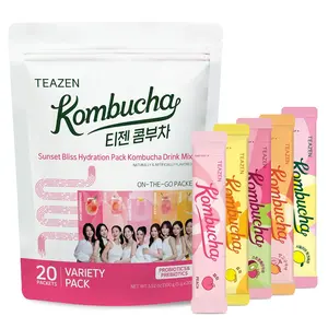 TEAZEN Kombucha Hydration Drink Mix Variety Pack – 20 Stick Packets, 5 Fruit Flavors Peach Mango Guava Strawberry Kiwi Citron, On-the-Go Powder Water Enhancer