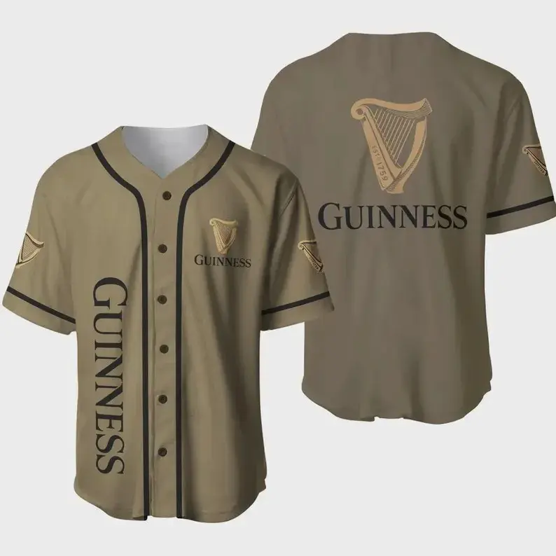 Guinness Irish Harp Logo Baseball Jersey Khaki Gold Unisex Loose Fit Summer Casual Streetwear St Patricks Day Beer Lover Halloween Festival Men Women Gym