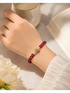 Wealth Luck Bracelet for Career Growth and Study Motivation, Red Crystal Bead Elastic Wrist Jewelry with Gold Tone Spacer Rings and Unique Gray Stone Bead, All Match Bracelet for Office, School, Travel, Christmas Gift, Stretch Bracelets