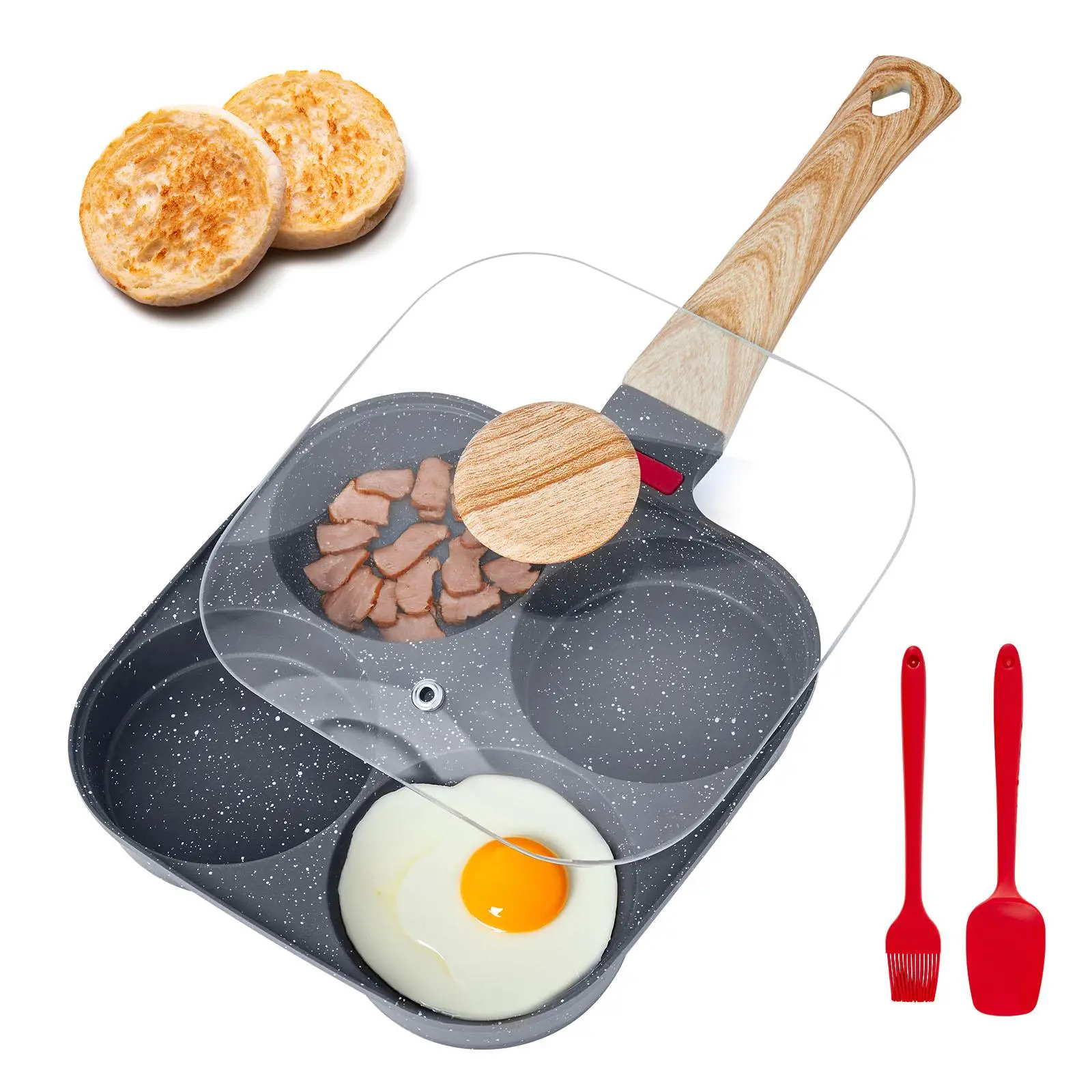 【Summerfinds】VEVOR 4-Cup Multi-Hole Non Stick Aluminum Alloy Omelette Pan, Nonstick Egg Frying Skillet with Lid, Oil Brush & Scraper, Induction Stovetop Compatible for Pancakes & Hamburgers, Non Stick Pans, 4-Hole Design