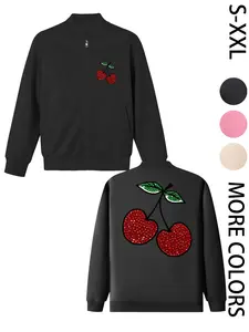 Women's Red Sequin-Textured Cherry Printed Zip-Up Long-Sleeve Jacket, 4-Season Casual Long-Sleeve Bomber Jacket, Stylish Outerwear for Daily Wear & Outdoor Activities, Layered Style