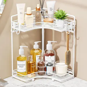 2-Tier Corner Bathroom Counter Organizer, Bathroom Countertop Organizer Storage for Sink, Metal Mesh Makeup Organizer for  Countertop Kitchen with Hooks,White