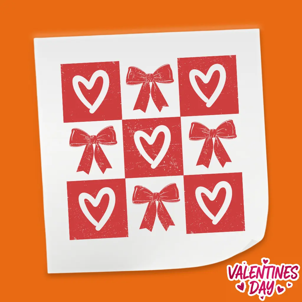 Heart and Bow Checker Pattern - Valentine's Day DTF Heat Transfer Sheet