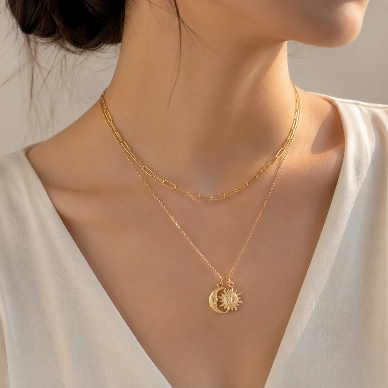 Stainless Steel Electroplated 18K gold Sun and Moon Necklace