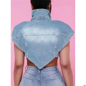 Breasted - Single AsymmetricHem GLOURIChicSleevelessDenimJacketForWomen - LapelCollar FauxFlapPockets SexyCropJeanDesignInLightWash - IdealForSpring / Summer