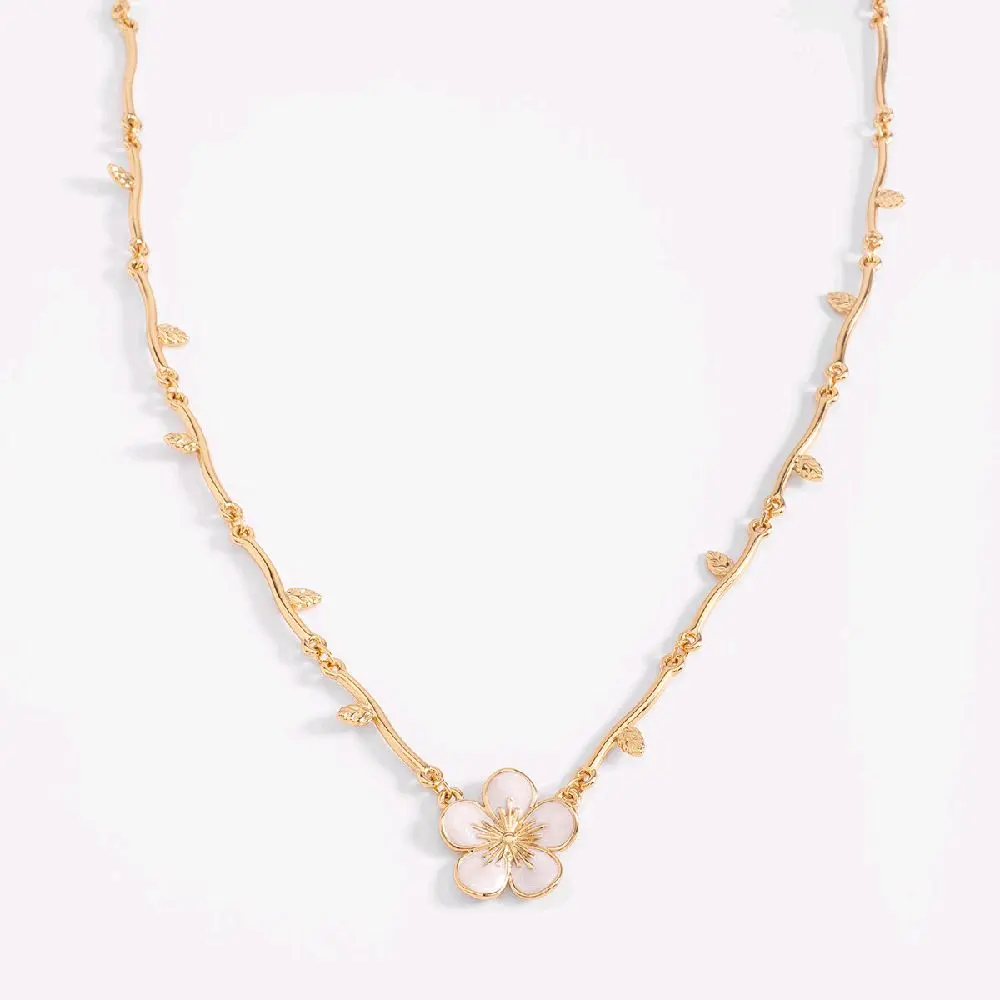 4 layers 18k Gold plated necklace with enameled flower and leaf branch details.