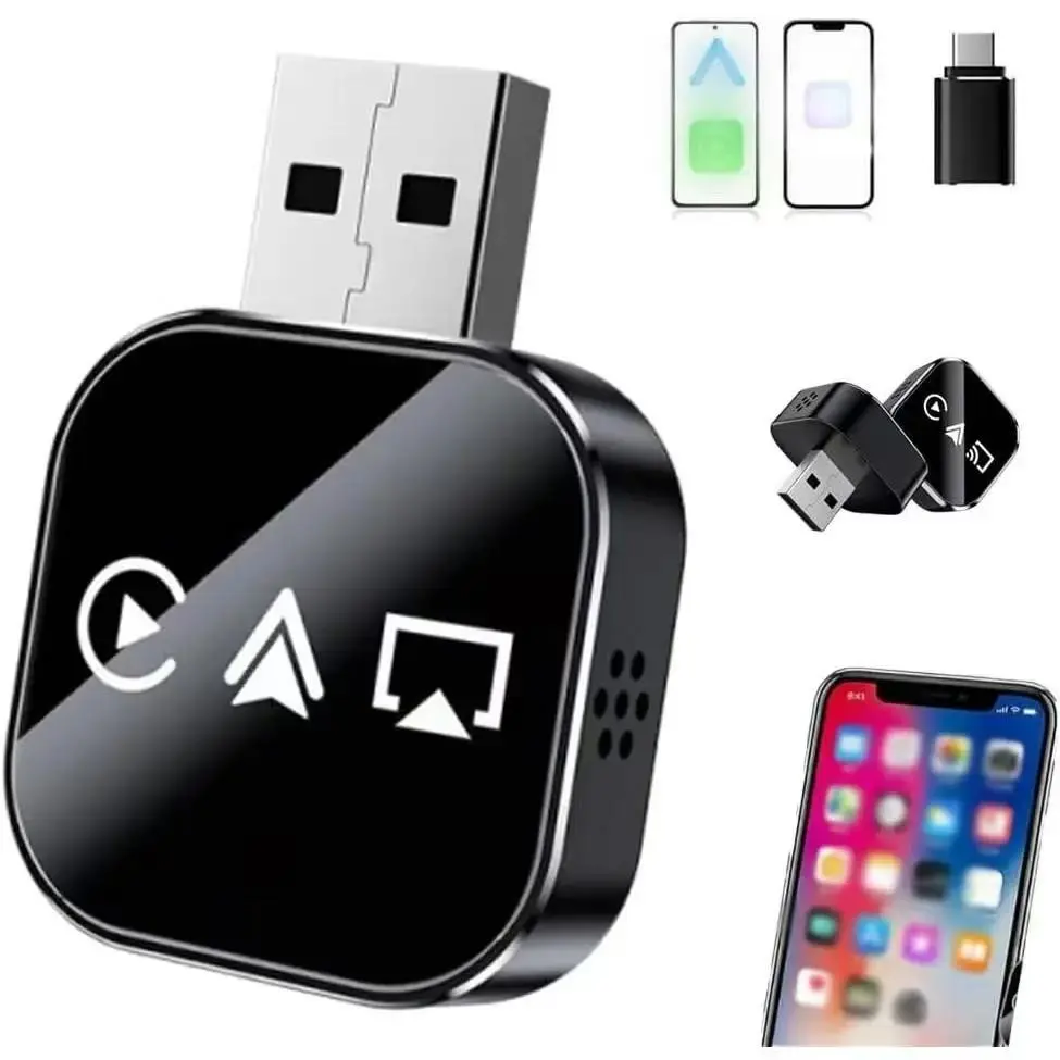 Three-In-One Wired to Wireless Carplay Adapter, Airplay Screen Mirroring, Plug-And-Play, Low Latency, Stable Signal, Compatible with Original Carplay Models