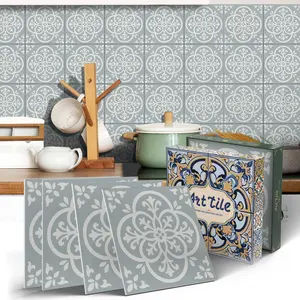 12/24PCS Gift Box ART PE Crystal Tile Stickers Misty Blue Base White Floral Scroll Pattern Waterproof Oil-Proof Home Decor for Kitchen Bathroom Wall