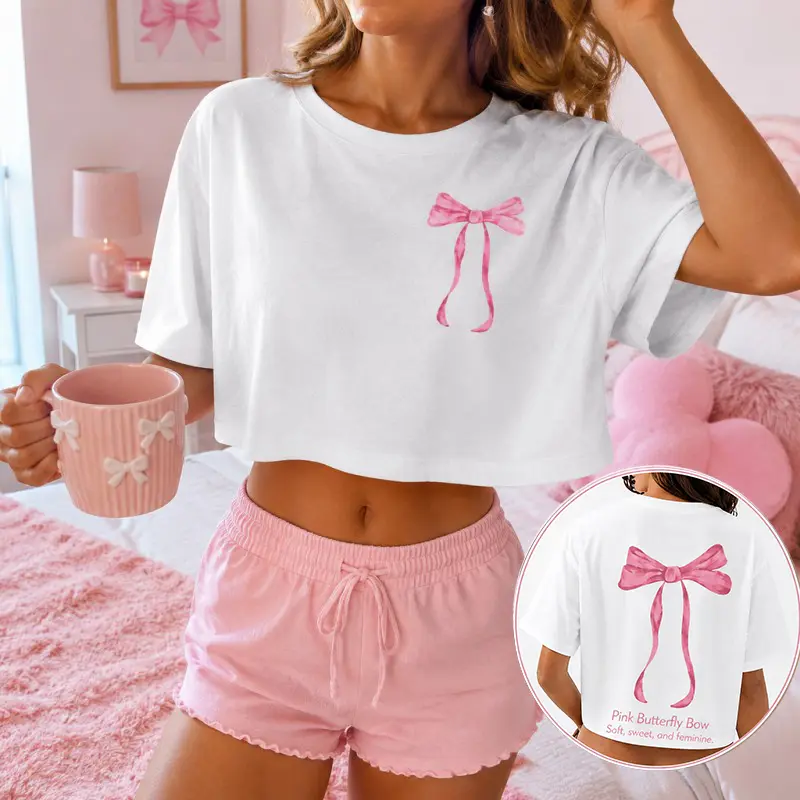 Women's White Crew Neck Short Sleeve Crop T Shirt Cute Pink Bow Print Loose Fit Y2K Sweet Feminine Casual Summer Top for Teen Girls Soft Comfy Daily Streetwear
