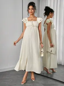 MaterniRIO Maternity Solid Color Square Neck Front Tie Cap Sleeve Elegant Dress