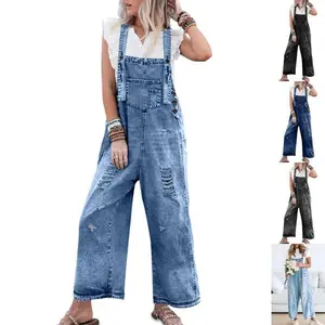 Casual cowboy jacket jumpsuit with adjustable shoulder straps, denim one-piece jumpsuit