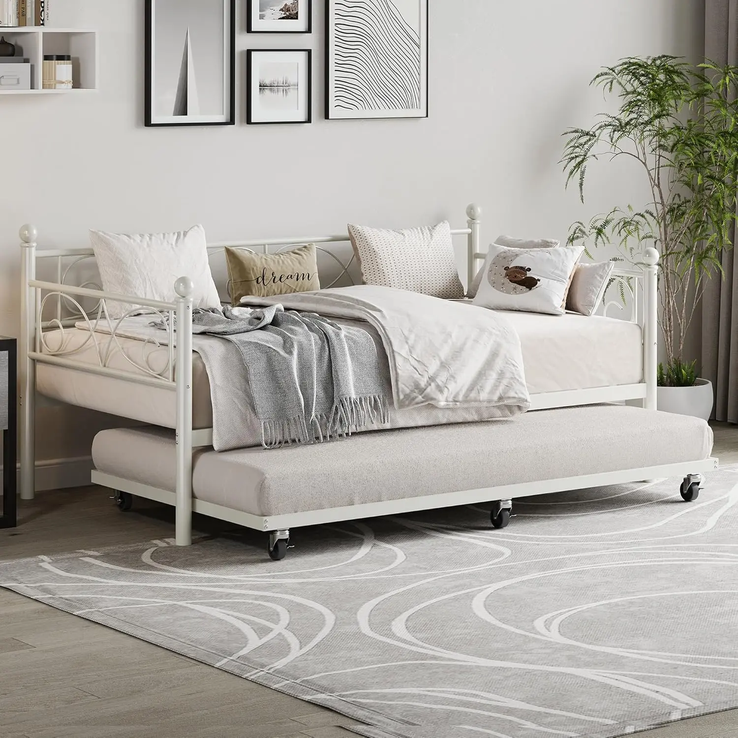 【Christmas Gift】268 White Daybed with Trundle Bed Twin Size Metal Day Bed with Floral Headboard Modern Metal Sofe Bed Frame with Pull Sleek Design