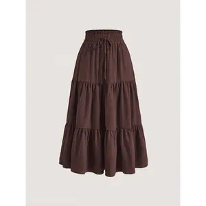 Women's Fitted High-Waist Spandex Polyester Blend Long Skirt - Ruffled Hem, Comfortable Fit, 2-3 Season (Spring/Summer/Autumn) Casual Bottom, Machine Wash Skirts, Easy Care