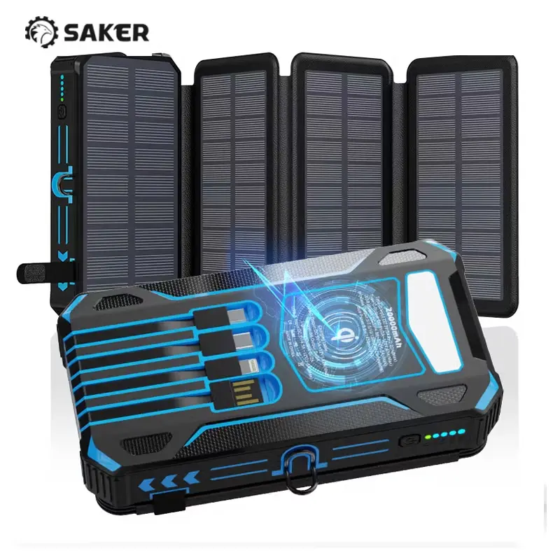 Saker 30000mAh Solar Power Bank, Foldable Solar Charger with 4 Built-in Cables & Wireless Charging, Portable Charger with 3-Mode Flashlight & BC Solar Panels for Outdoor Camping